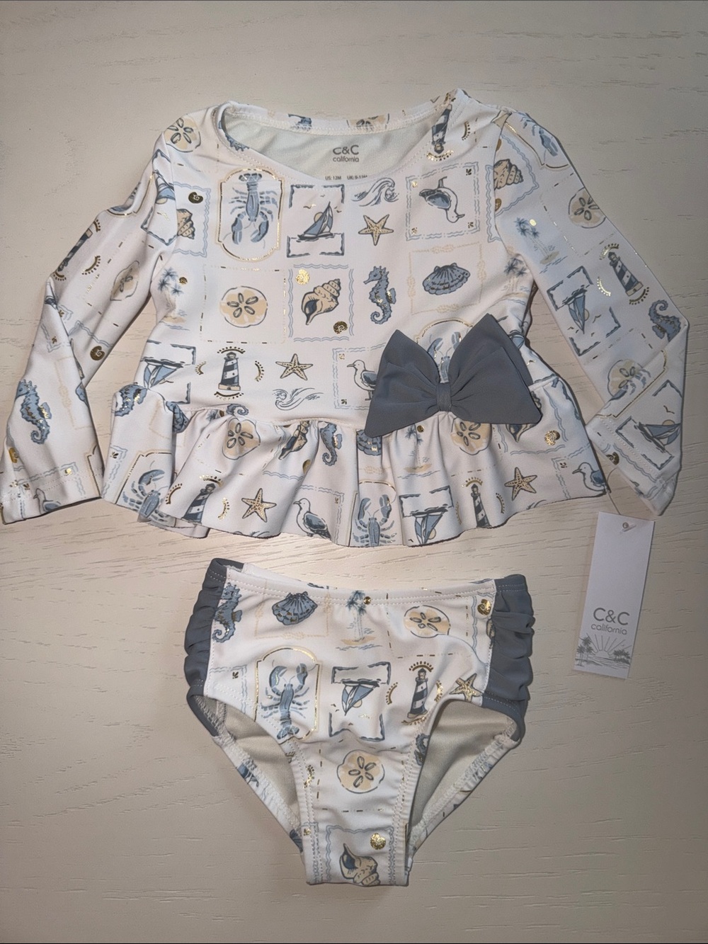 C&C California Neutral Nautical Rash Guard Swim Set with Bow 12 18 24 months